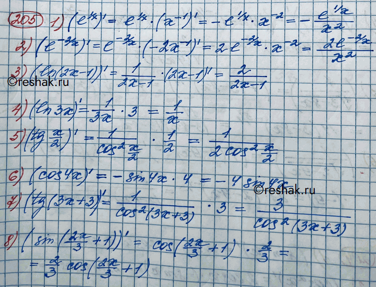 Изображение 205. 1) e1/x;2) e^-2/x;3) ln(2x-1);4) ln3x;5) tgx/2;6) cos4x;7) tg(3x+3);8) sin(2x/3 + 1)....
