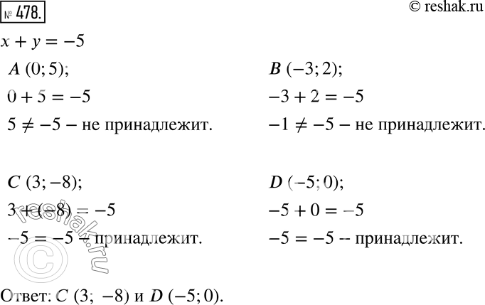 Изображение 478 Из точек А(0; 5), В(-3; 2), 0(3; -8) и D(-5; 0) выберите те, которые принадлежат графику зависимости х + y = -...