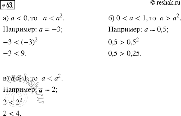 Изображение 63 Сравните числа а и а2, если известно, что: a) a < 0; б)...