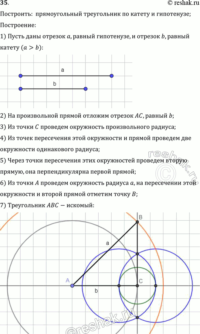 Изображение 35. Постройте прямоугольный треугольник по гипотенузе и катету.Построить:  прямоугольный треугольник по катету и гипотенузе;Построение:1) Пусть даны отрезок a,...