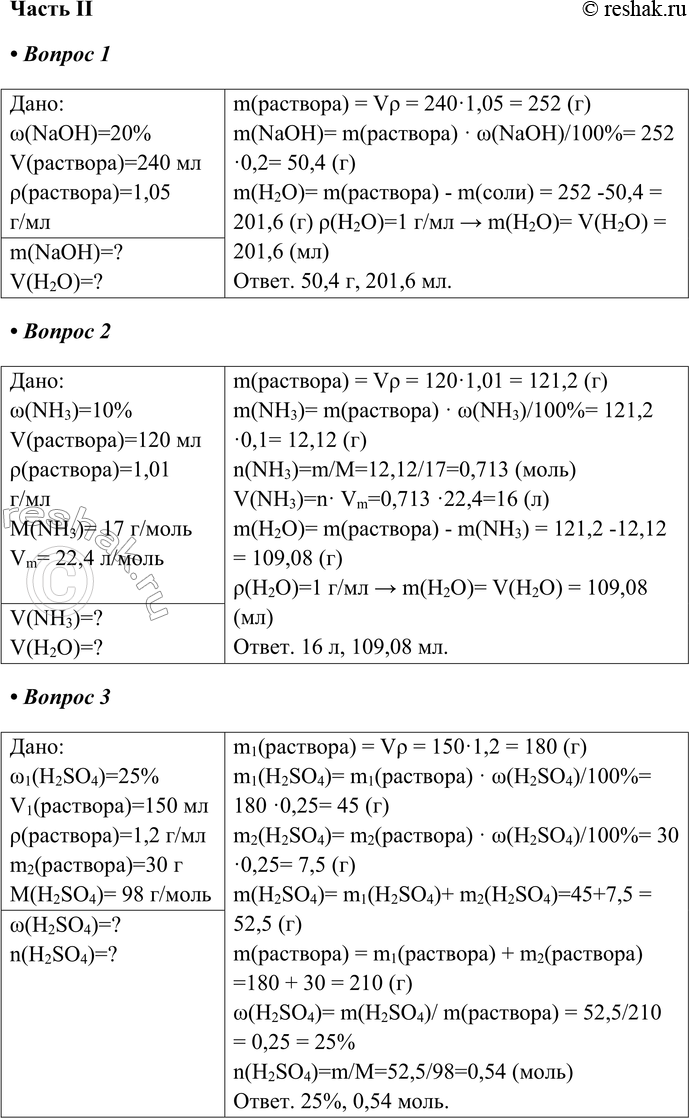 Изображение Часть II1. Рассчитайте, какая масса едкого натра и какой объём воды необходимы для приготовления 240 мл 20 % -ного раствора(р = 1,05...